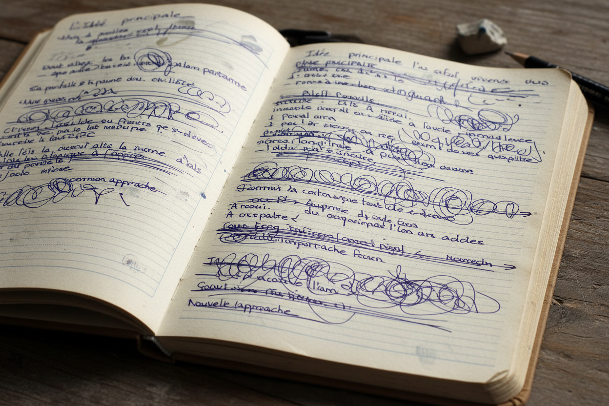 cahier de brouillon avec des écriture, des ratures